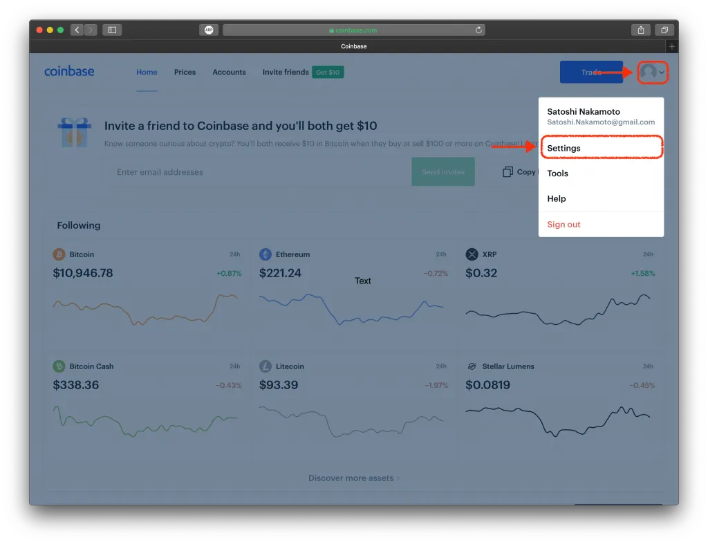 Screenshot of Coinbase’s website, highlighting the Settings tab.