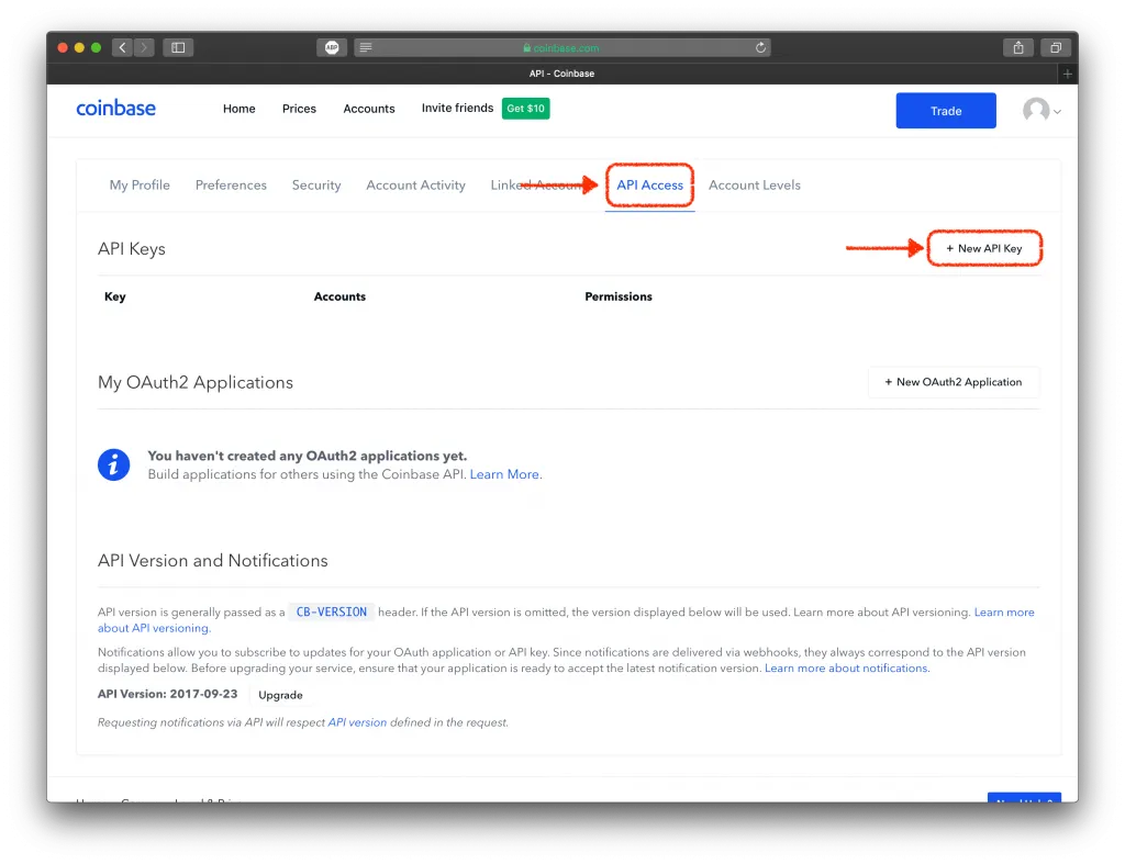 Screenshot of Coinbase’s settings page, highlighting “API Access” and “+ New API Key”