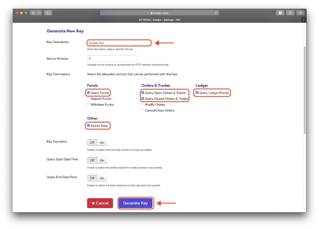 Kraken Allowable actions for API key, with Query funds, open orders and trades, ledger entries and export data all highlighted in red