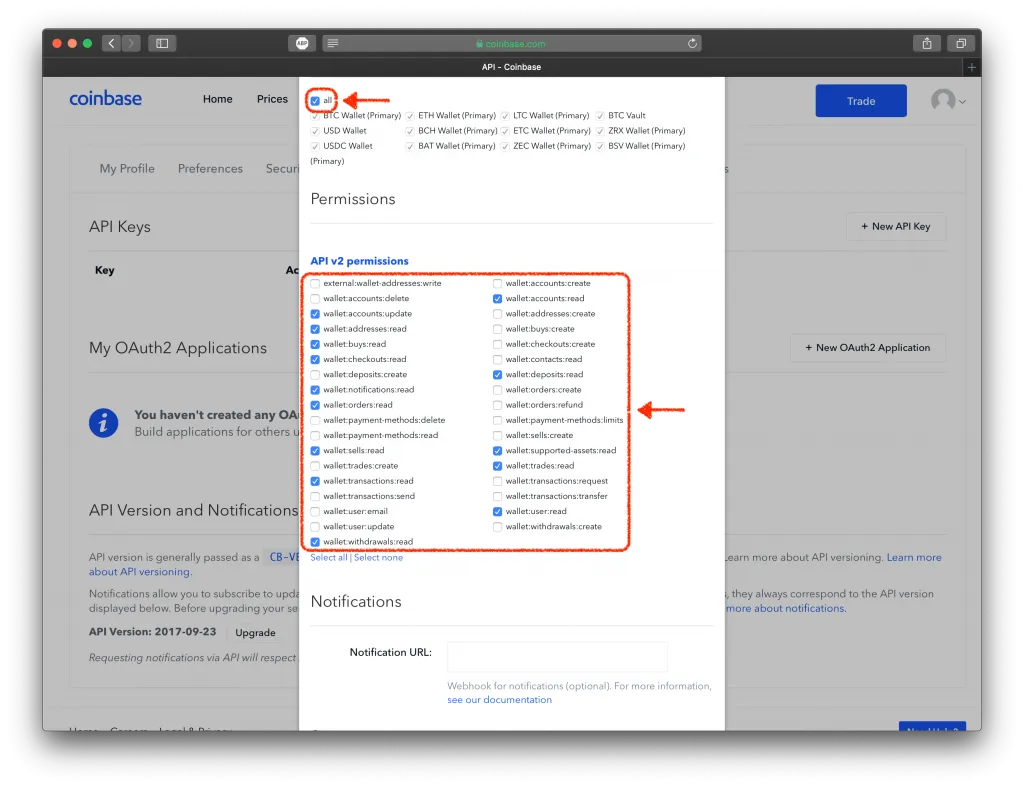 Screenshot of Coinbase’s API settings and permissions.