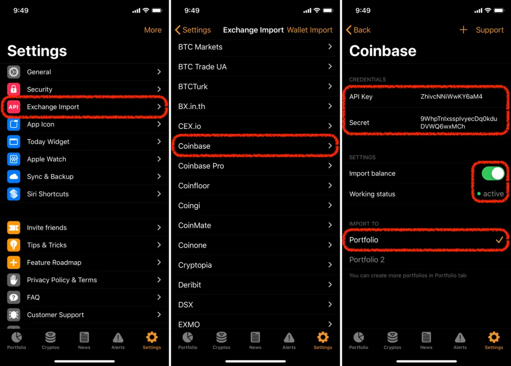 Screenshot of Crypto Pro app showing the “Settings” tab and “Exchange Import” feature.