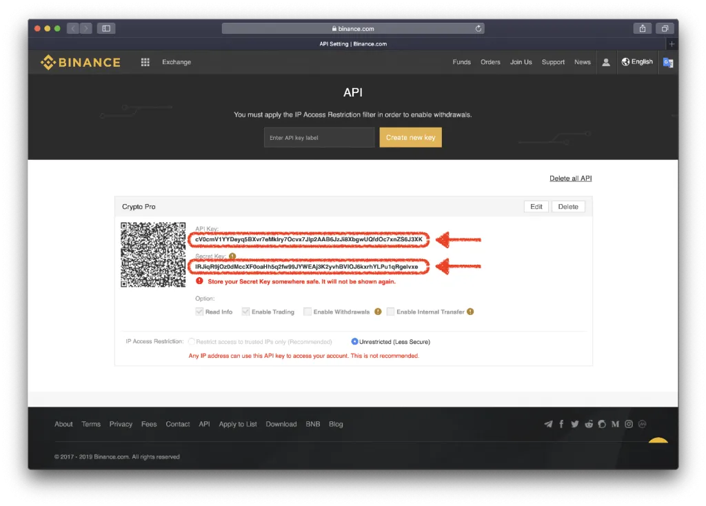 Binance’s New API and Secret Key creation page (highlighted in red)