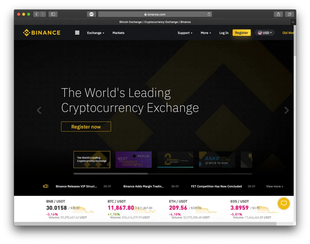 Screenshot of Binance exchange, showing their homepage.