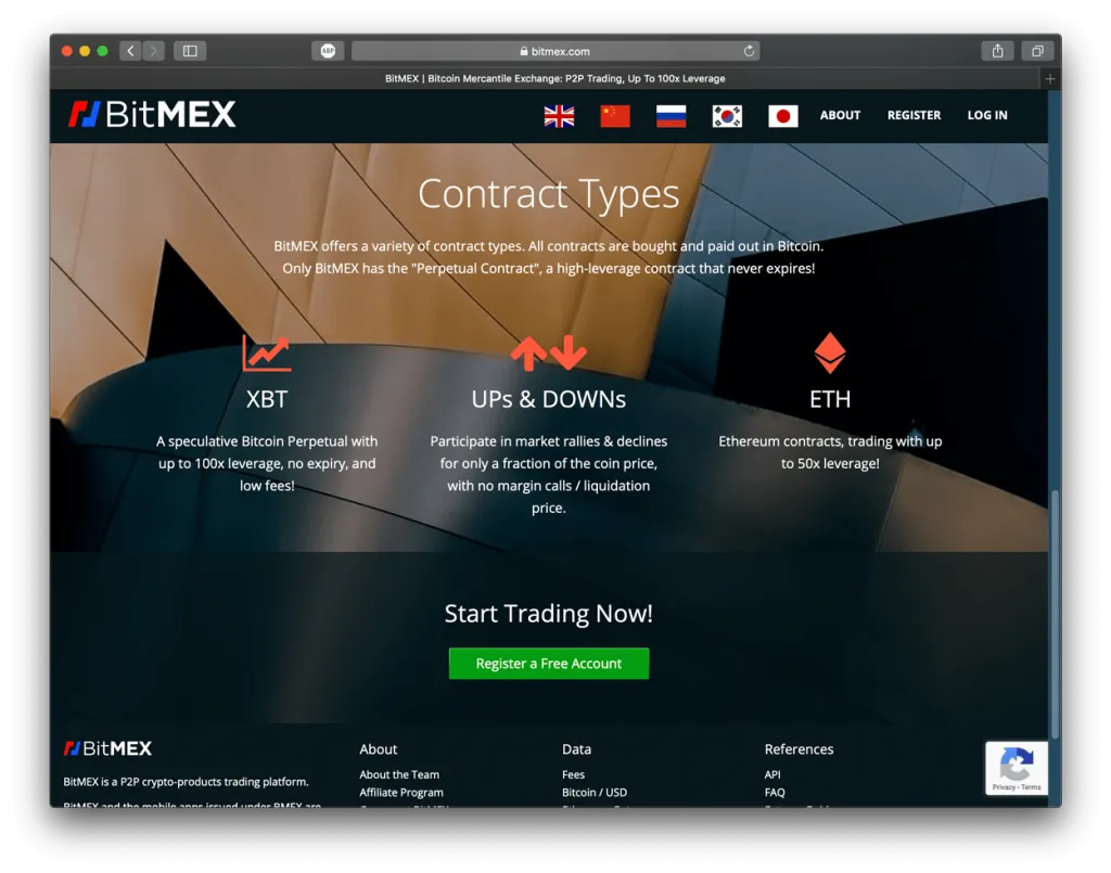 Screenshot of BitMEX’s homepage. Showing XBT and ETH