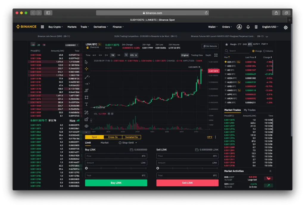 Binance website showing trading platform