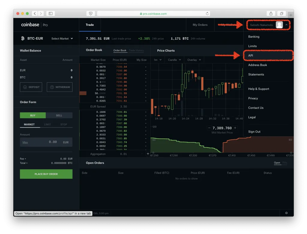 Coinbase Pro home-screen with “API” (highlighted in red)