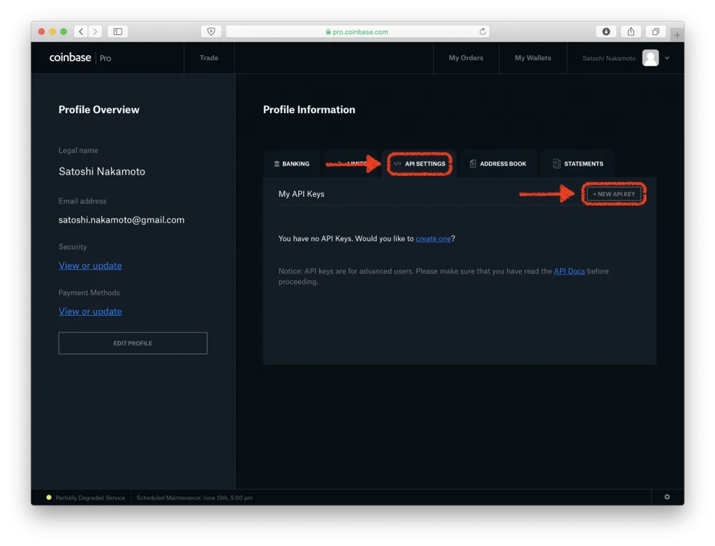 Coinbase Pro API settings page with “New API Key” (highlighted in red)