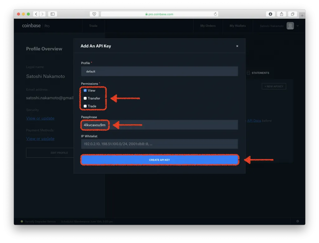 Coinbase Pro API Key settings required to connect with crypto pro (highlighted in red)