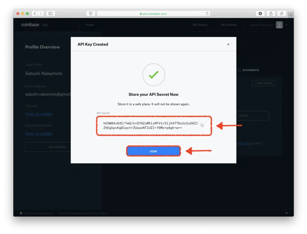 Coinbase API Secret key  created message (highlighted in red)