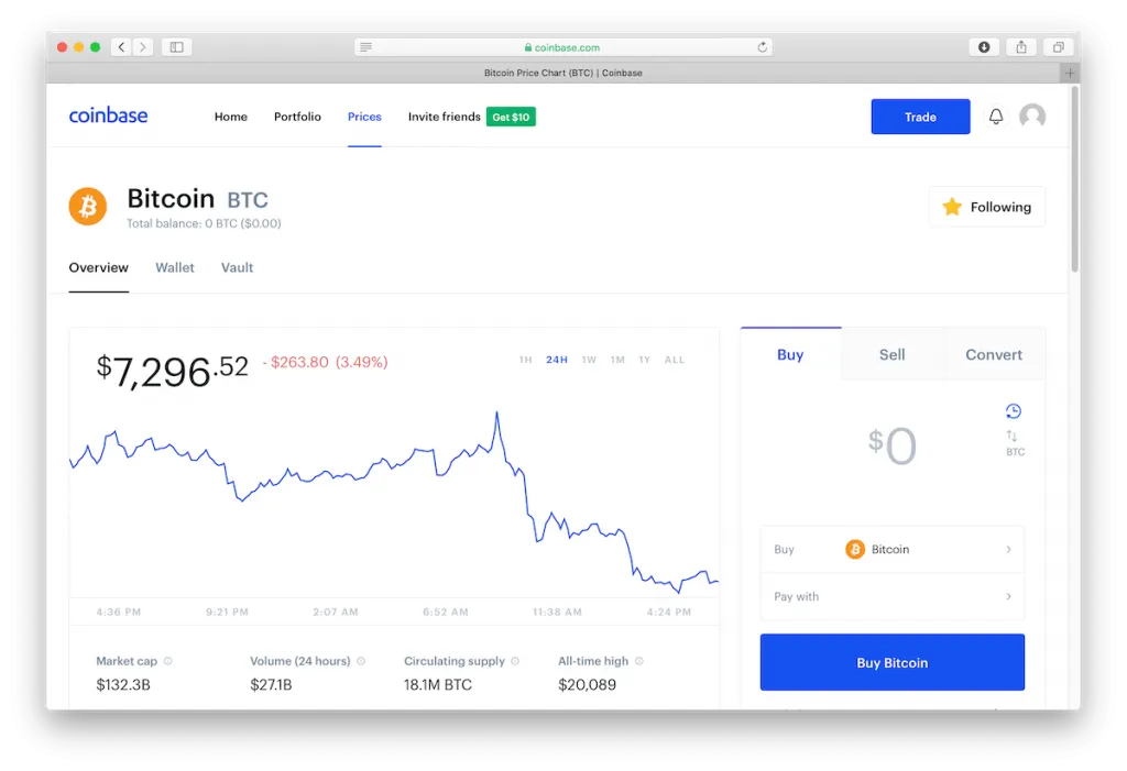Screenshot of Coinbase’s dashboard.