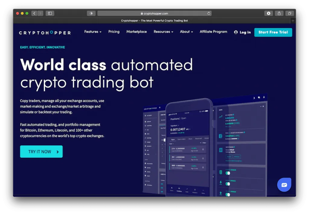 Screenshot of Cryptohopper’s website