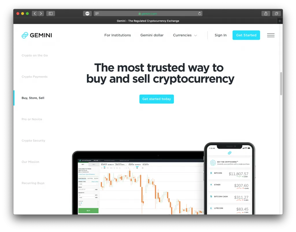 Screenshot of Gemini exchange, showing their homepage.