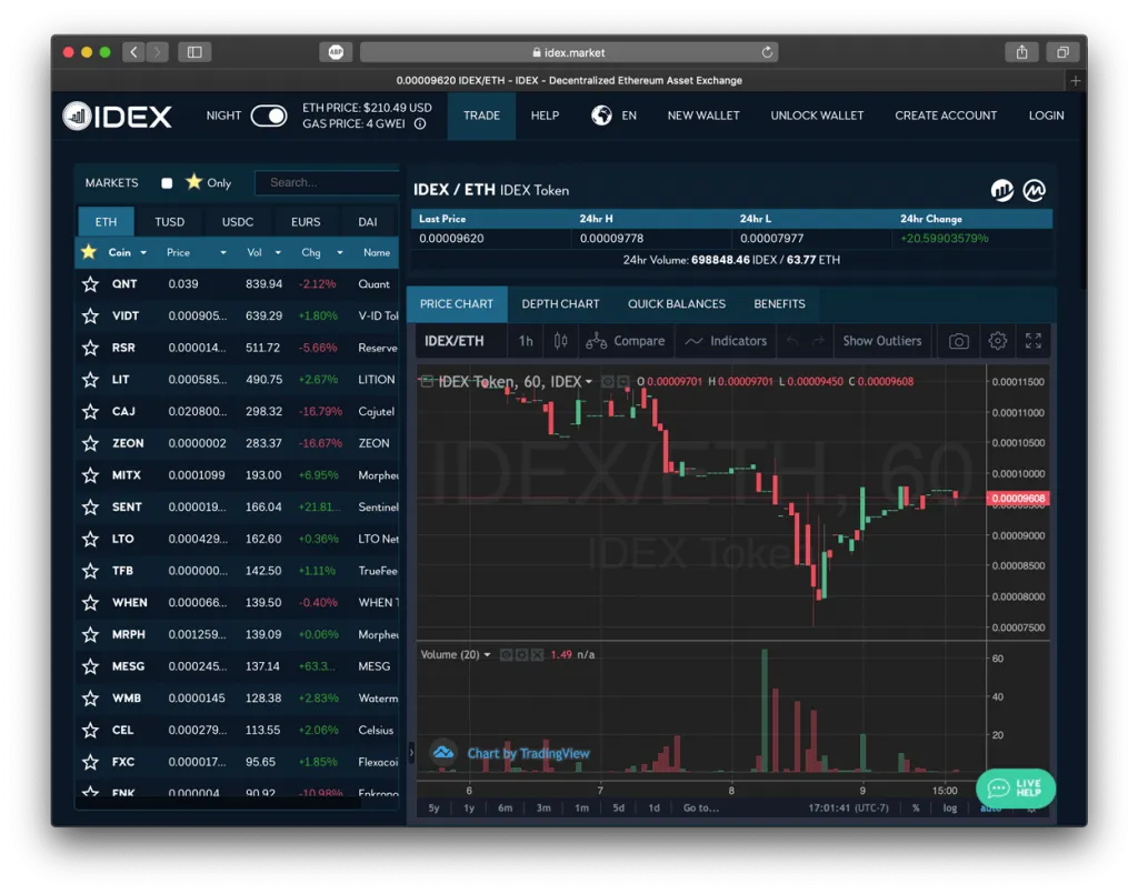 Screenshot of IDEX exchange showing their trading pairs, which is a DEX Coinbase alternative 