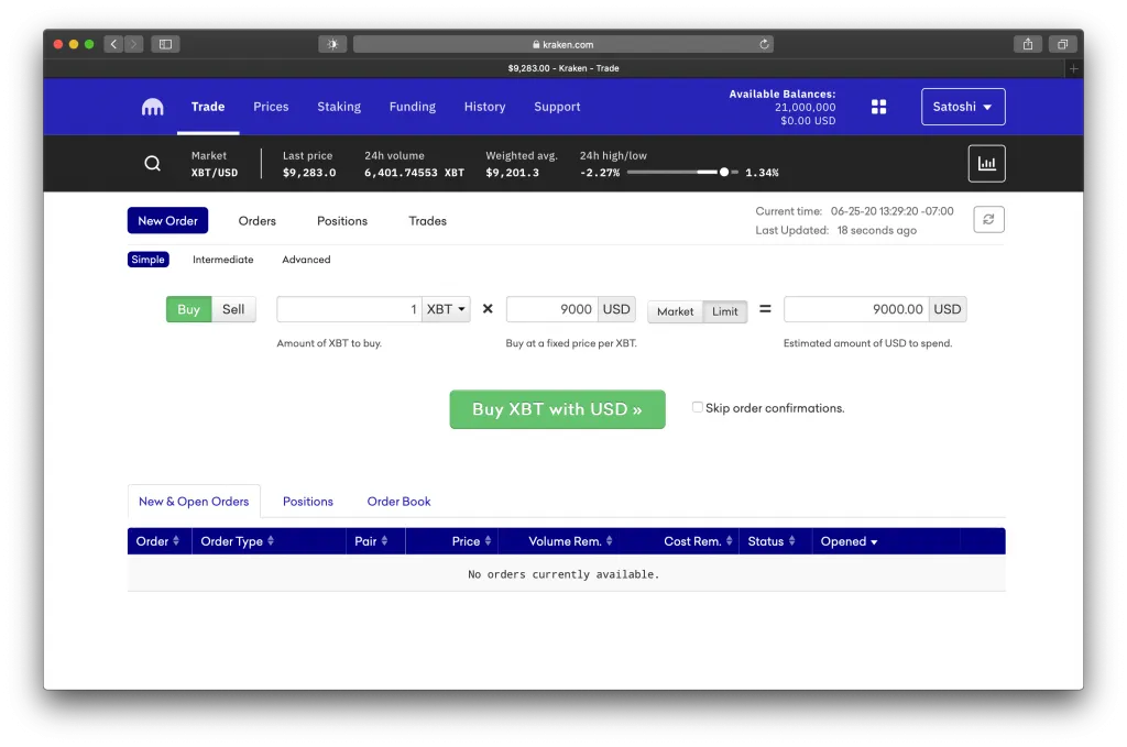 Screenshot showing Kraken’s simple trading terminal