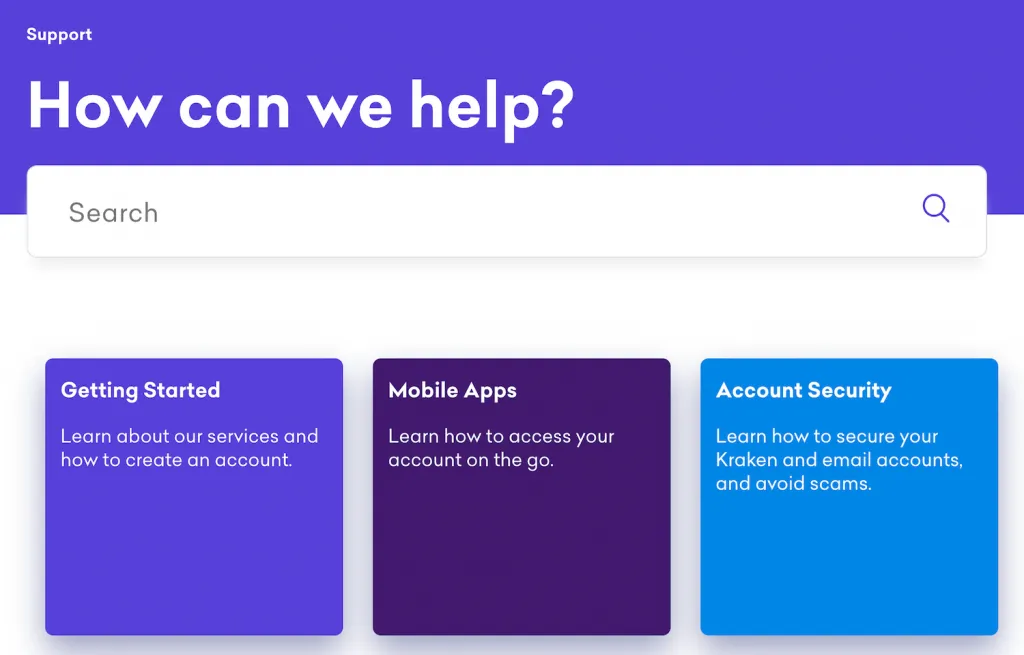 Screenshot showing Kraken’s customer support options