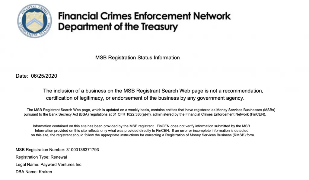 Kraken’s Money Services Business licence