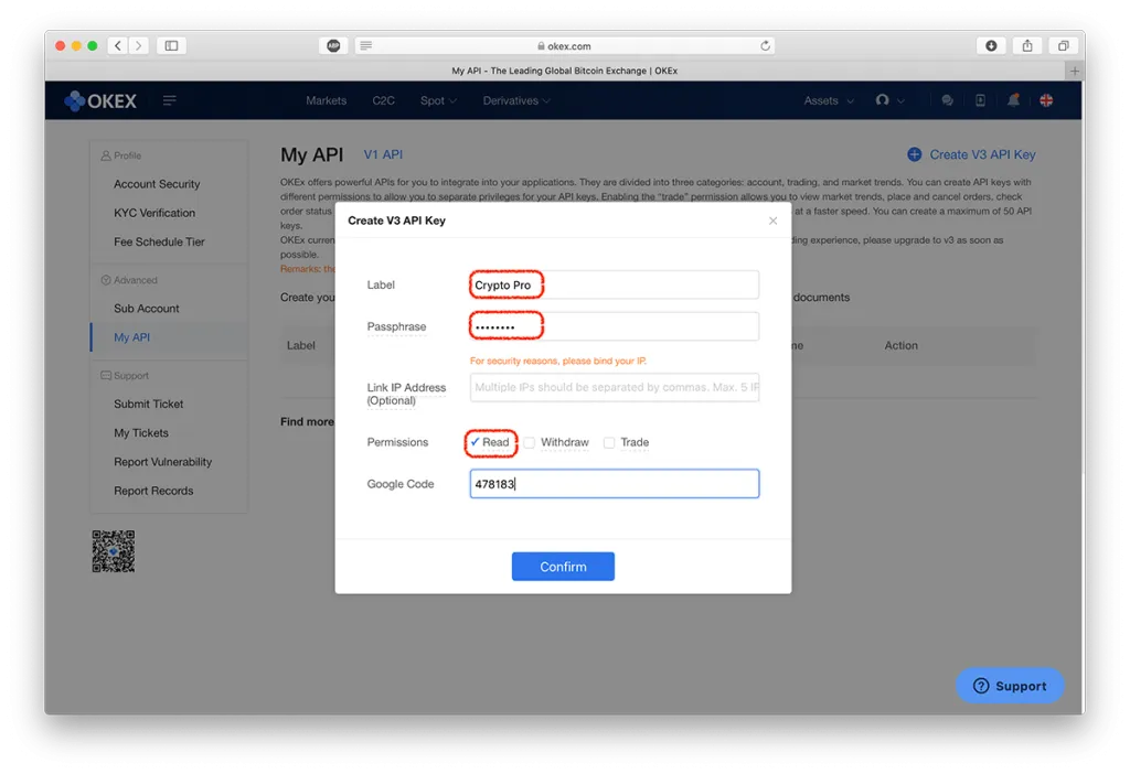 Screenshot showing OKEx API key settings and options