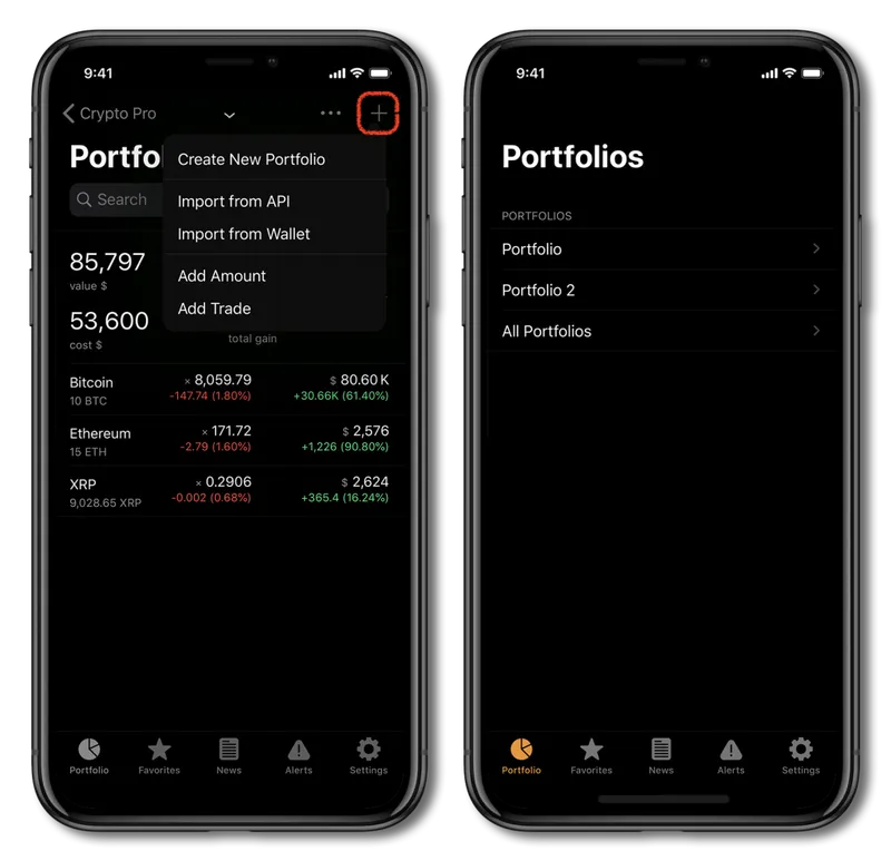 Screenshot of Crypto Pro, showing how to add coins to your portfolio