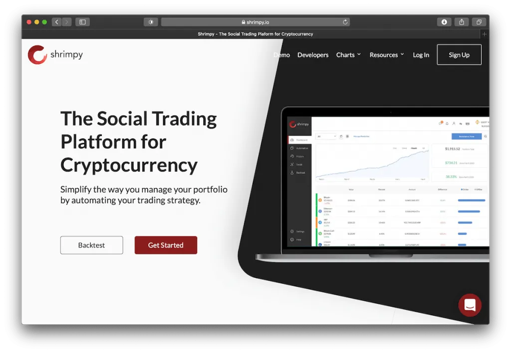 Screenshot of Shrimpy’s website