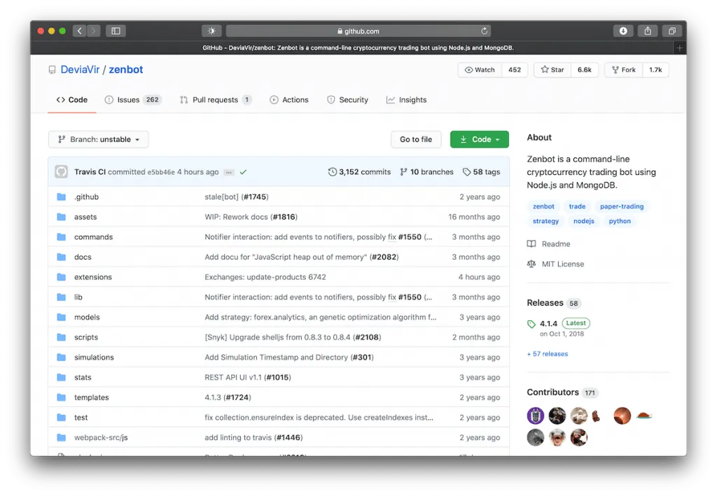 Screenshot of ZenBot’s code onGithub