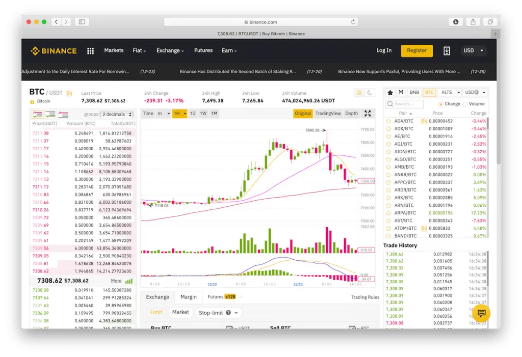 Screenshot of Binance’s dashboard showing trading pairs and charts.