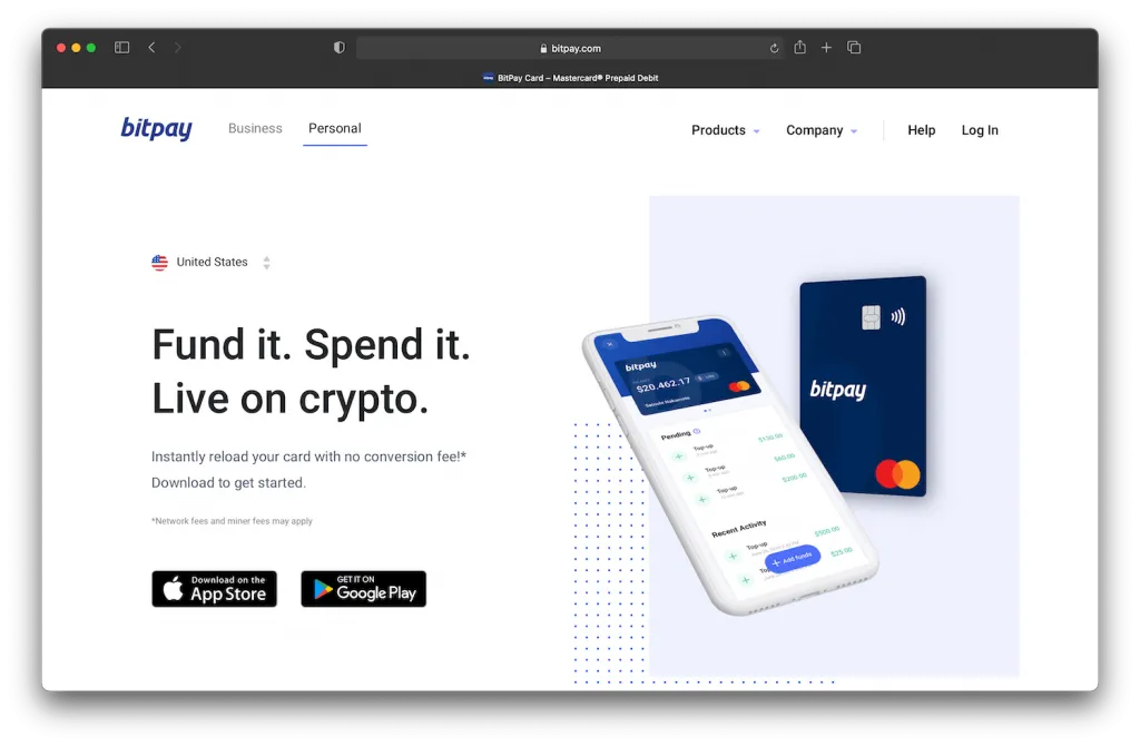 bitpay’s website showing crypto debit card