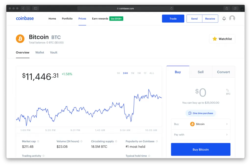 coinbase.com website showing bitcoin price