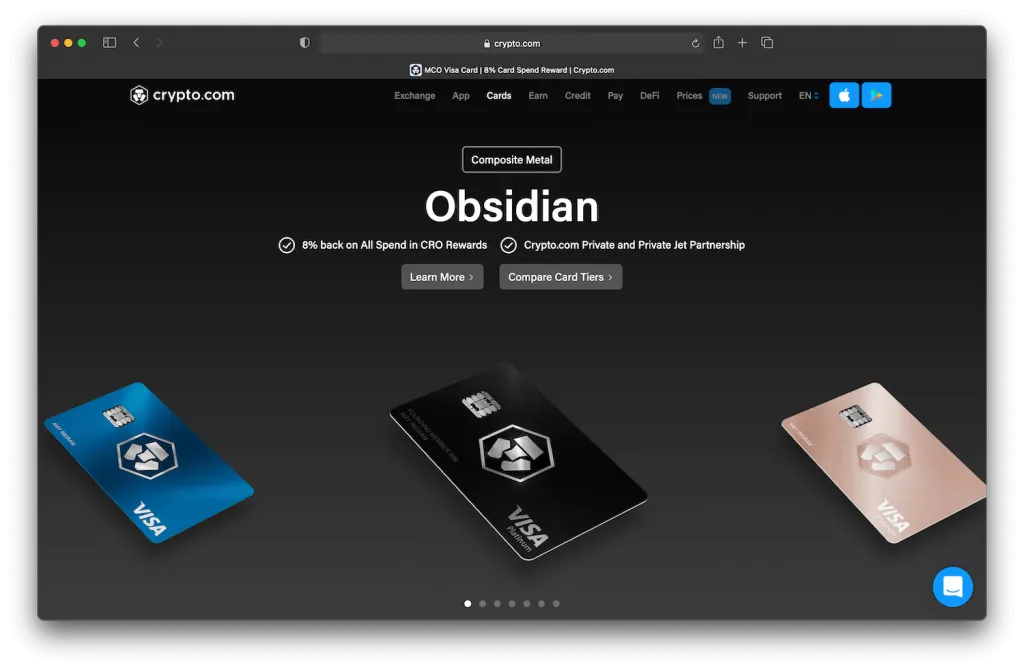crypto.com’s website showing different debit cards