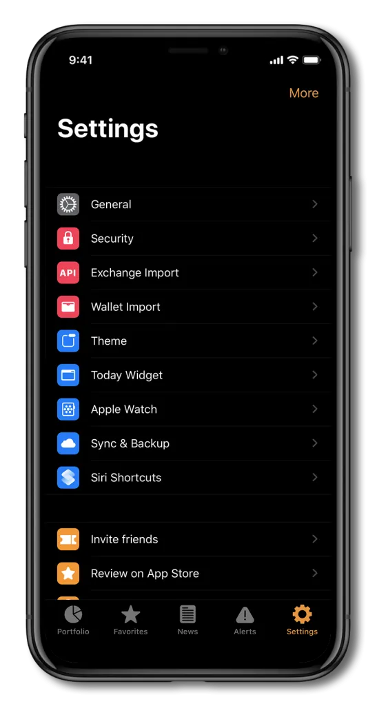 Screenshot of Crypto Pro, showing the settings tab