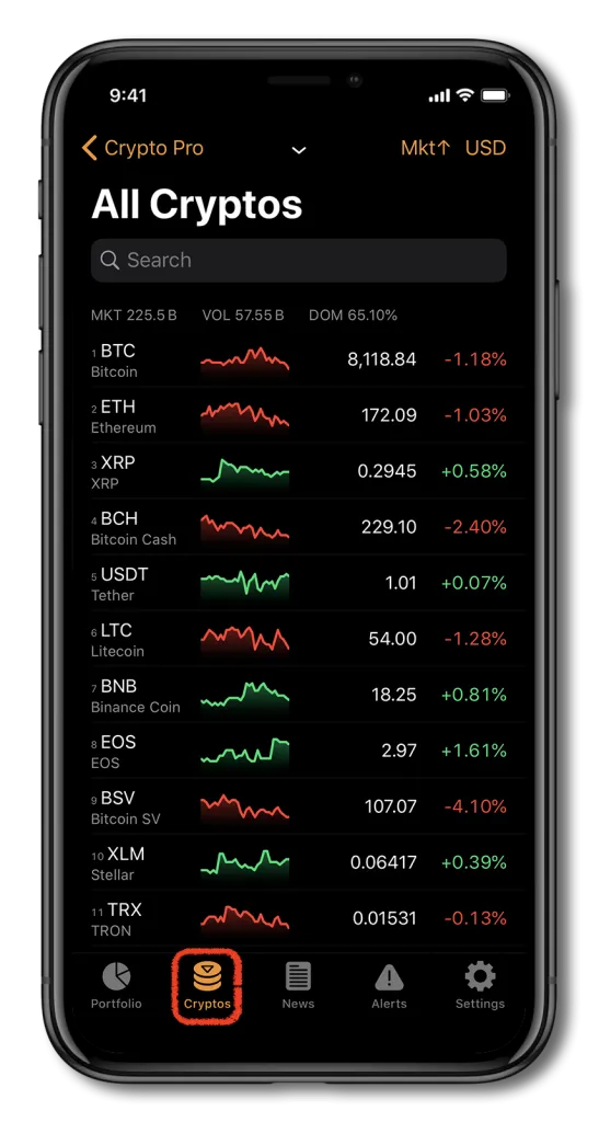iPhone showing Crypto Pro's cryptocurrency portfolio tracker