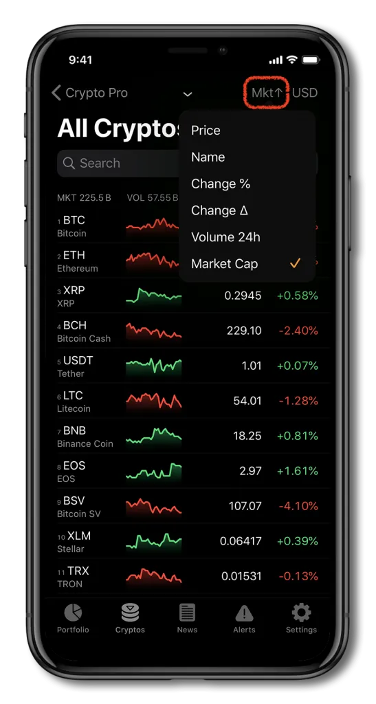 screenshot of crypto pro app showing cryptocurrency prices