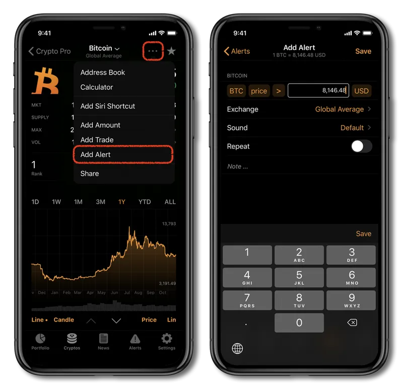 Screenshot of Crypto Pro, showing how to add a cryptocurrency alert