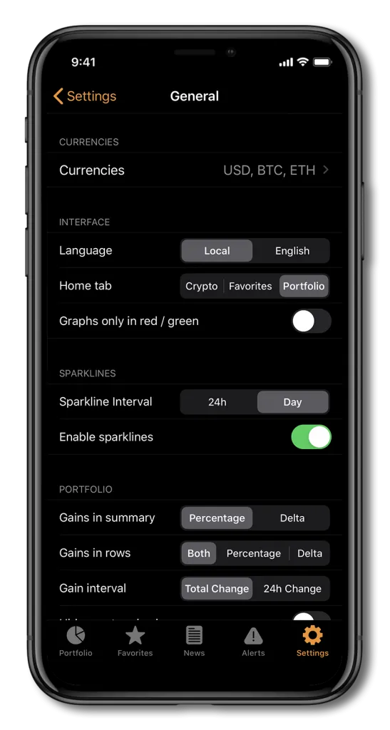 Screenshot of Crypto Pro, showing the general settings tab