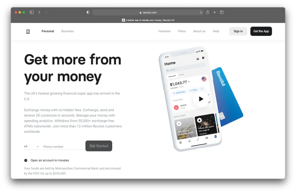 revolut’s debit card displayed on their homepage