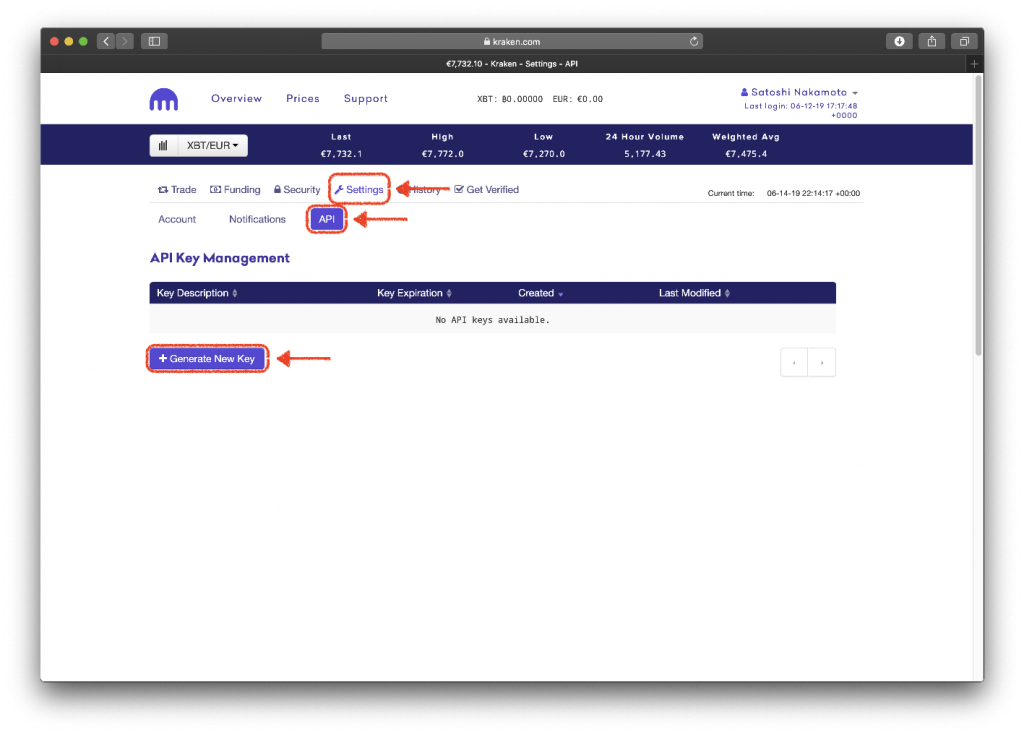 Kraken's API page with red box on the word "generate new key"