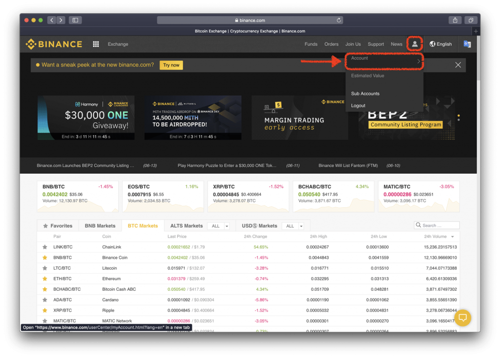 Binance home screen with account name highlighted in red