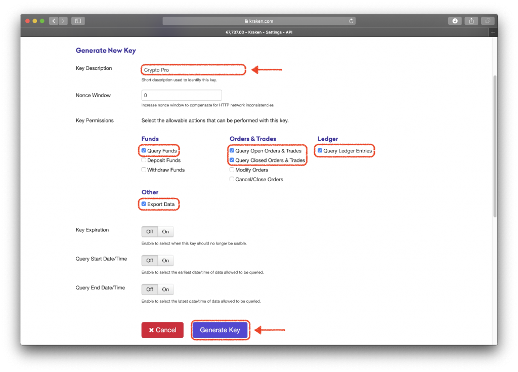 Kraken Allowable actions for API key, with Query funds, open orders & trades, ledger entries and export data all highlighted in red