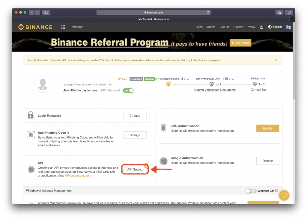 Binance account page highlighting "API Settings" in red.