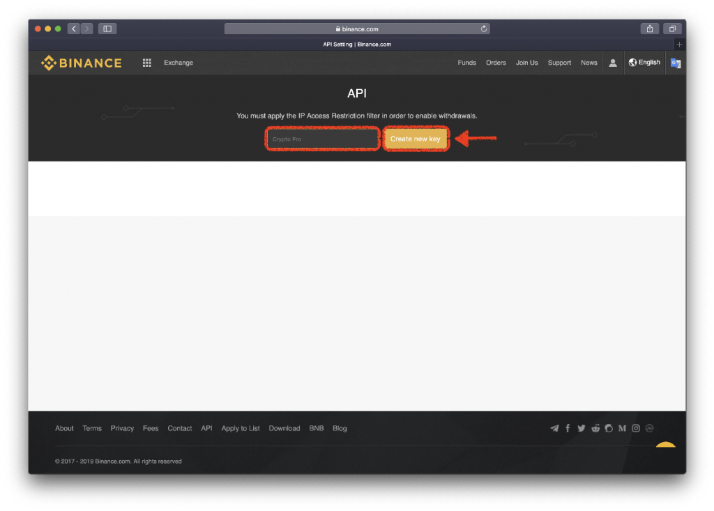 Binance create a new API page, with 