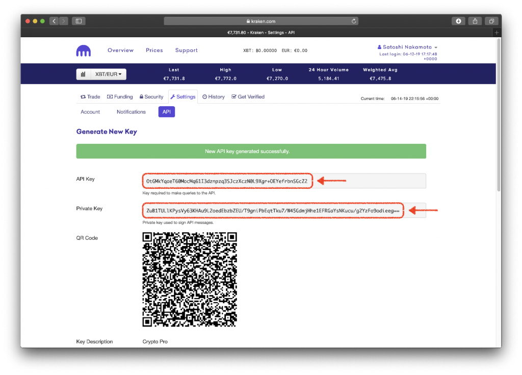 Kraken API key successfully generated page, with a red box on api key and one on private key.