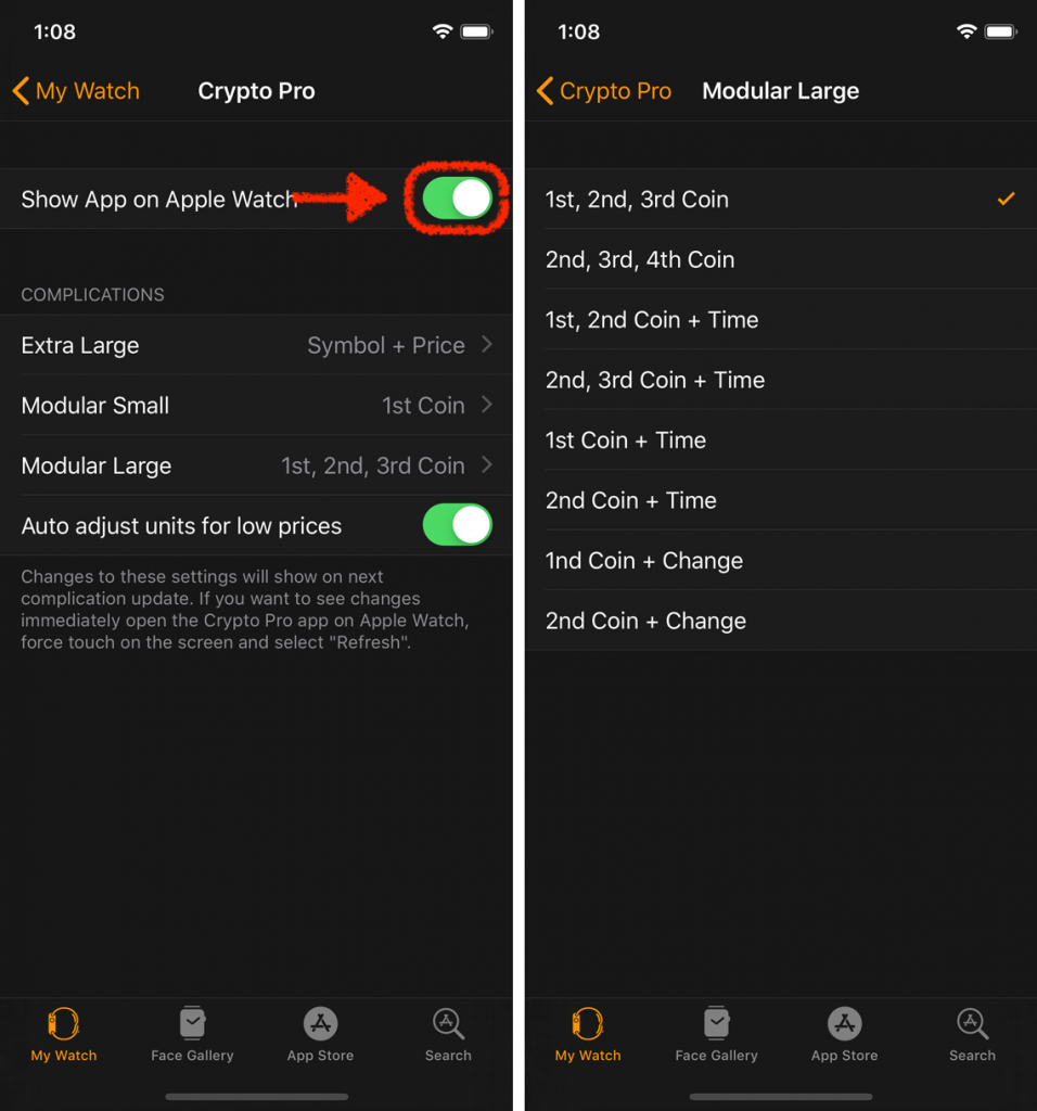 crypto pro apple watch app settings
