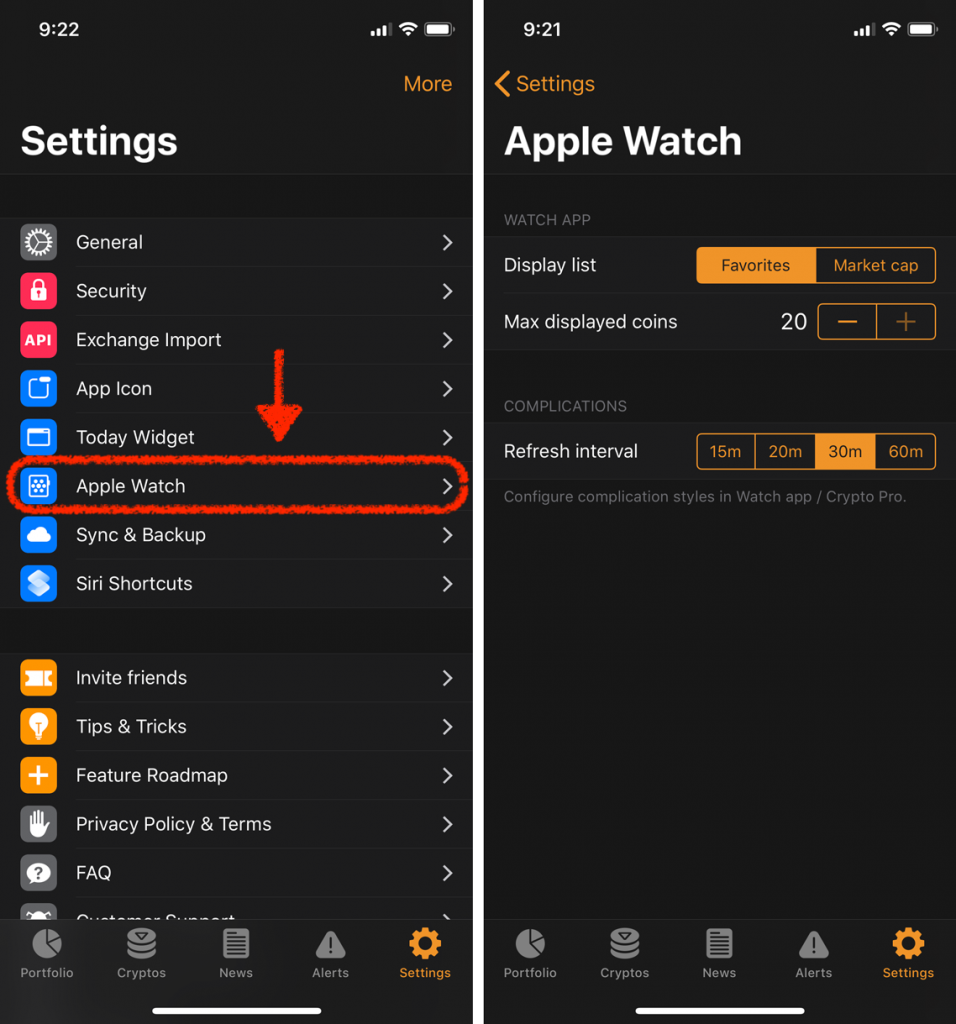 crypto pro apple watch settings in app