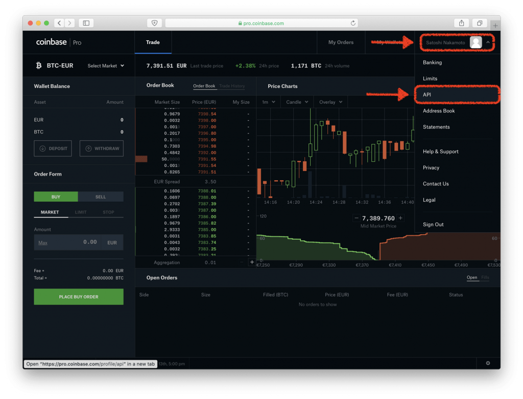 Coinbase Pro home-screen with "API" (highlighted in red)