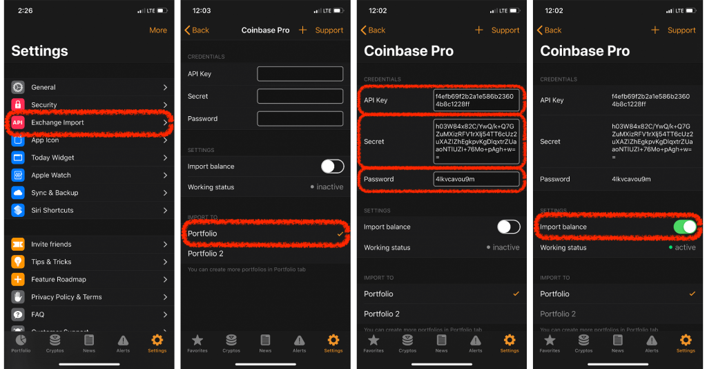 crypto pro app, settings page, instructions on adding a new exchange import (highlighted in red)
