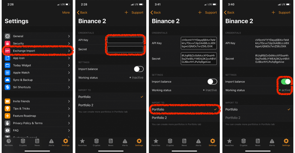 crypto pro app, settings page, instructions on adding a new exchange import via binance API Keys (highlighted in red)