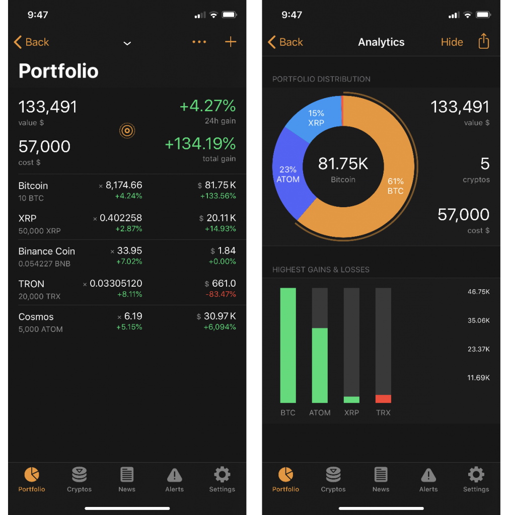 Crypto Pro app portfolio tab showing prices of Bitcoin, XRP, Binance Coin, Tron and Cosmos.