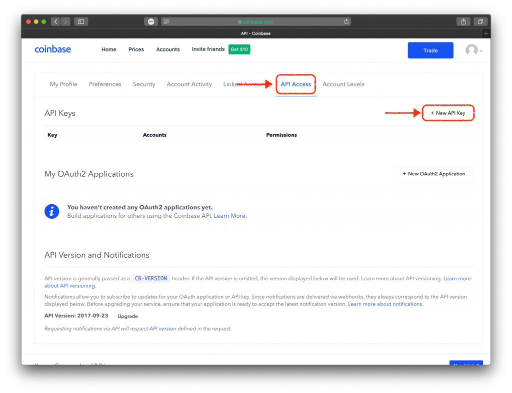 Screenshot of Coinbase's settings page, highlighting "API Access" and "+ New API Key"