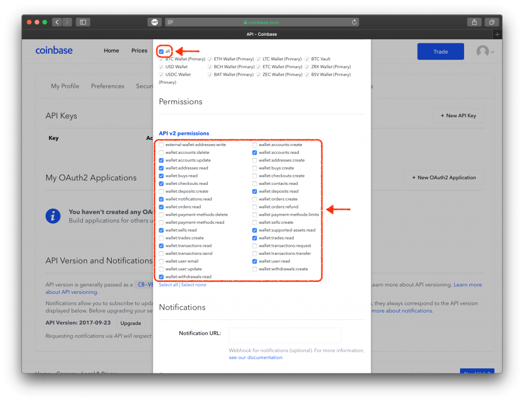 Screenshot of Coinbase's API settings and permissions.