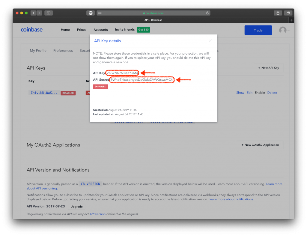 Screenshot showing Coinbase API Key and API Secret generated.