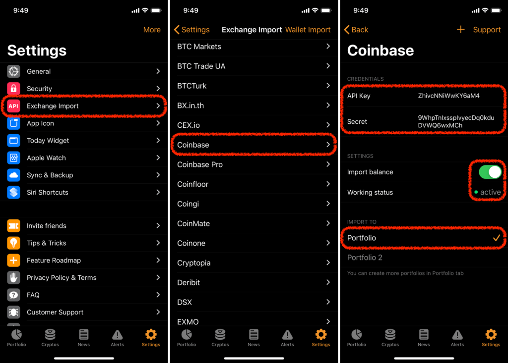 Screenshot of Crypto Pro app showing the "Settings" tab and "Exchange Import" feature.